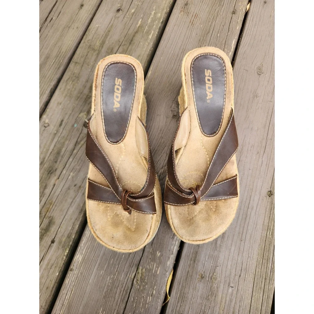 Vintage 90s Y2K Soda Platform Sandals Brown Espadrille Wedge Thong Knotted 9